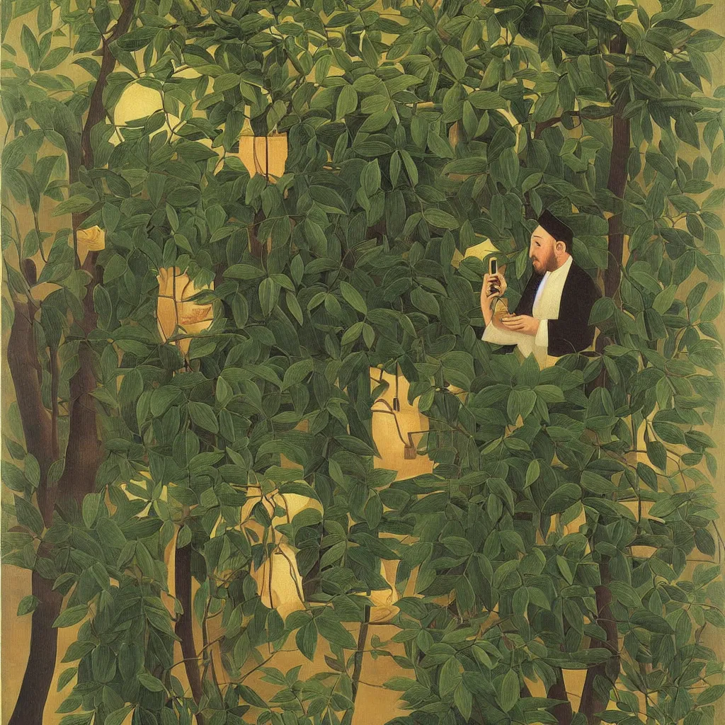 Image similar to i, a man wearing headphone and playing his iphone, by henri rousseau