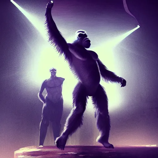 Image similar to a gorilla performing on stage at Coachella, dramatic lighting, illustration by Greg rutkowski, yoji shinkawa, 4k, digital art, concept art, trending on artstation