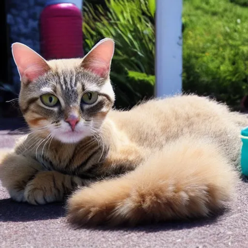 Image similar to peanut the cat is mega floomfed out in the hot sunny weather.