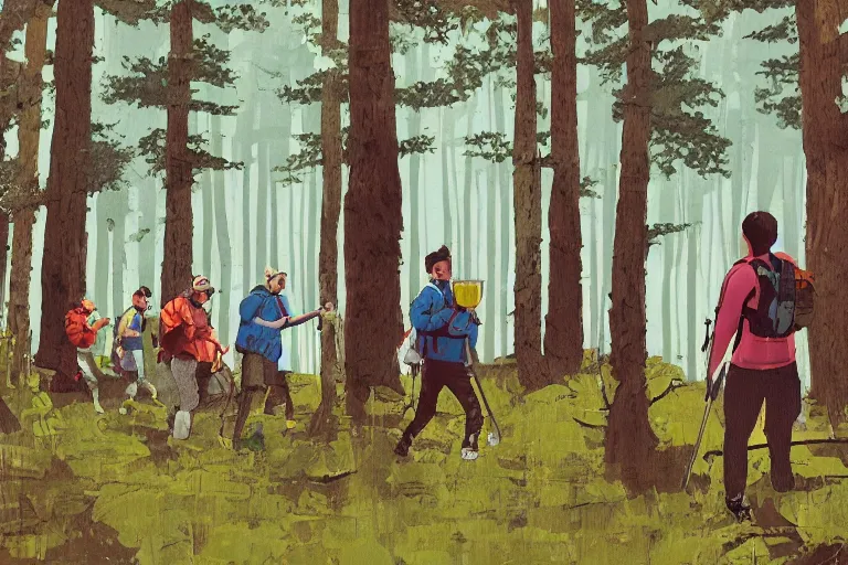 Prompt: mid - thirties guys binge drinking and hiking in a forest, in the style of simon stalenhag