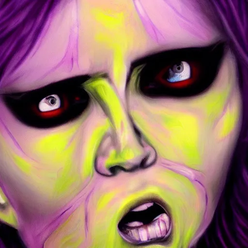 Prompt: extrem mad girl with extrem anger screams into the void to release her anger, high detail painting in dark purple colors by grandfailure