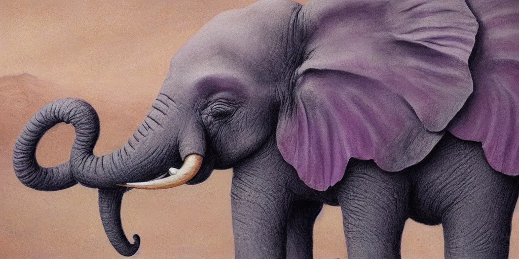 Prompt: a single purple elephant flying in the air like dumbo during a storm, close up of elephant with ground behind, illustration, detailed, smooth, soft, warm, by Adolf Lachman, Shaun Tan, Surrealism