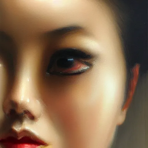 Image similar to perfect, realistic oil painting of close-up japanese girl face, by Sakimichan, by an American professional senior artist, Hollywood concept, dynamic composition and motion, postproduction.