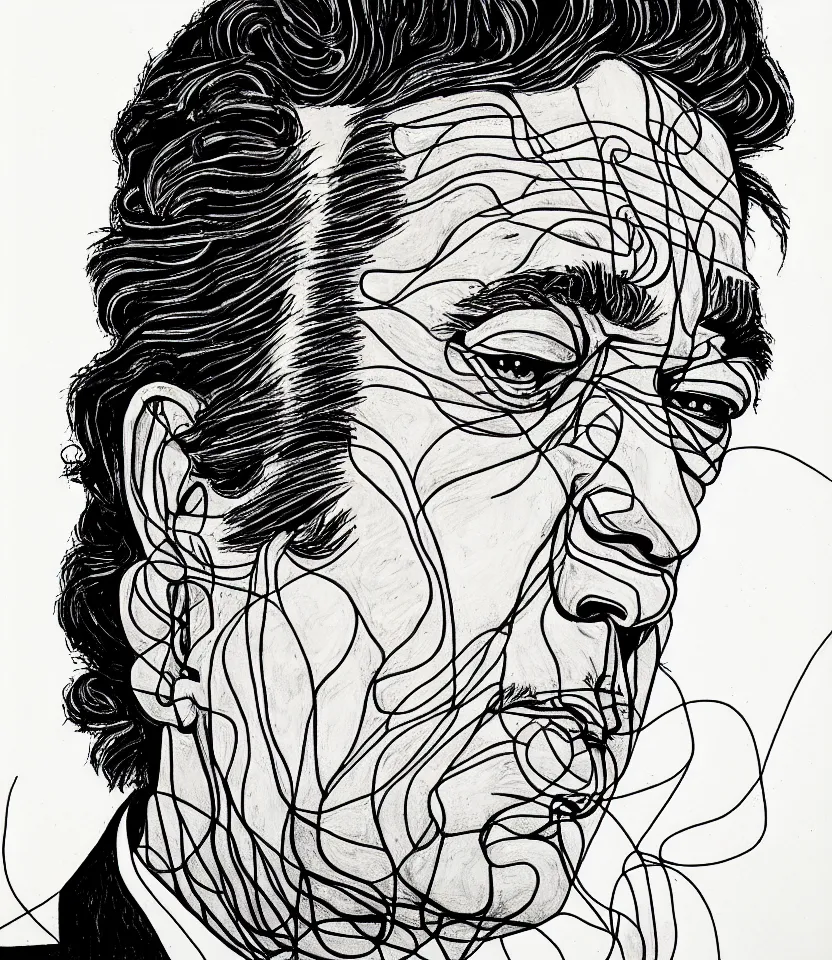 Image similar to detailed line art portrait of johnny cash, inspired by egon schiele. contour lines, musicality, twirls, curls, curves, confident personality