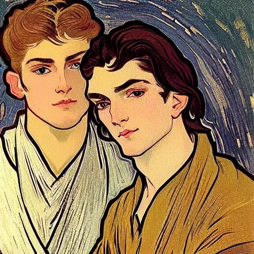 Prompt: closeup portrait of two male friends!, a young cute small jaw handsome human vidar with short brown messy pompadour hair together with a young handsome beautiful delicate longhaired pale elf taehyung with long wavy dark gorgeous long hair, long hairstyle, wearing armor!, modest!, cleanshaven!, stylish armor, art by alphonse mucha, vincent van gogh