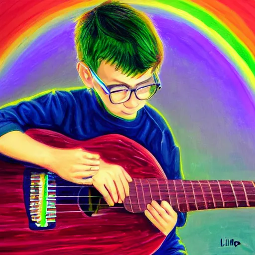 Image similar to a painting of rivers cuomo playing his green electric guitar in a rainbow background by lilia alvarado