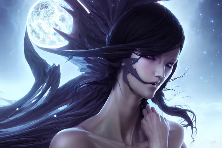 Image similar to veiled black dressed summoner girl and her ego weapons fighting against the outer gods. desert valleys, box office hit, fantasy and cosmic horror movie, unreal engine, intricate, highly detailed 8 k, ambient occlusion, extremely beautiful and aesthetic shape of face and body, art by hiroaki samura and ilya kuvshinov and rossdraws