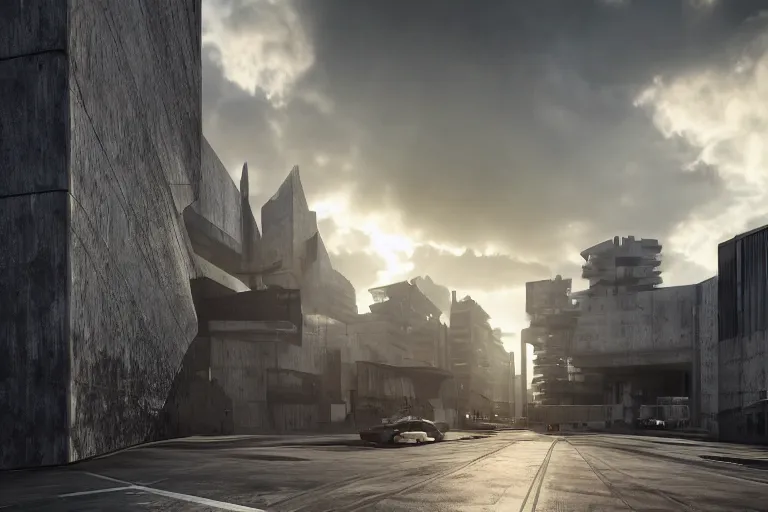 Image similar to streetscape, a towering cathedral of brutalist architecture, buildings covered with greebles, stunning volumetric light, sunset, metal, concrete and translucent material, stunning skies, majestic landscape, trending on Artstation, 8k, photorealistic, hyper detailed, unreal engine 5, IMAX quality, cinematic, epic lighting, in the style of Greg Rutkowski