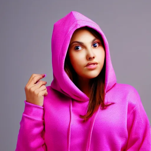 Prompt: latin young woman in pink hoodie, studio photo, close up
