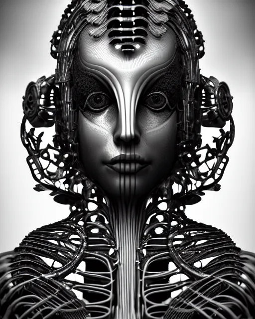 Prompt: mythical black and white organic bio-mechanical spinal ribbed profile face portrait detail of silver mechanical beautiful female angelic-vegetal-cyborg, highly detailed, intricate steampunk ornate, poetic, 3D render, digital art, octane render, 8K artistic photography, photo-realistic, by Dora Maar