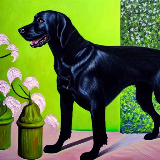 Prompt: oil painting of a black dog next to brugmansia suaveolens flowers, scary, realistic