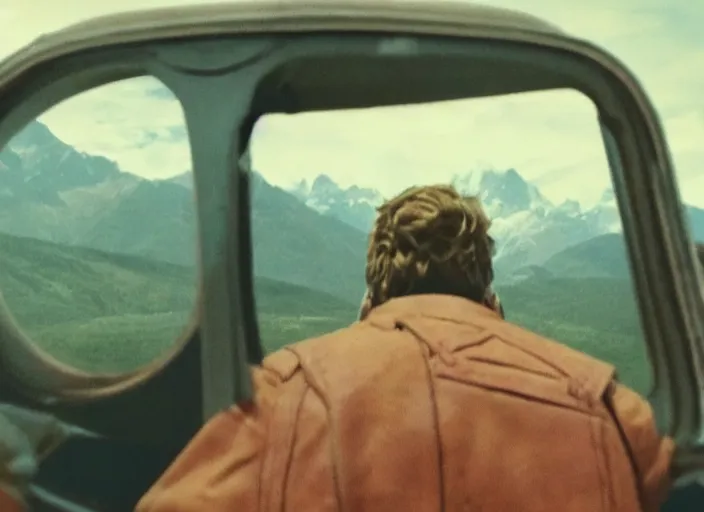 Prompt: a very high resolution image from a new movie, starlord. driving around. inside of a car. mountains, polaroid, directed by wes anderson