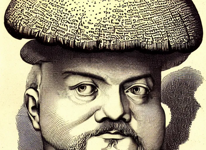 Prompt: Lenin mushroom head!!!, made by Wenceslas Hollar and Ernst Haeckel in vintage Victorian England colourised print style with saturated colours