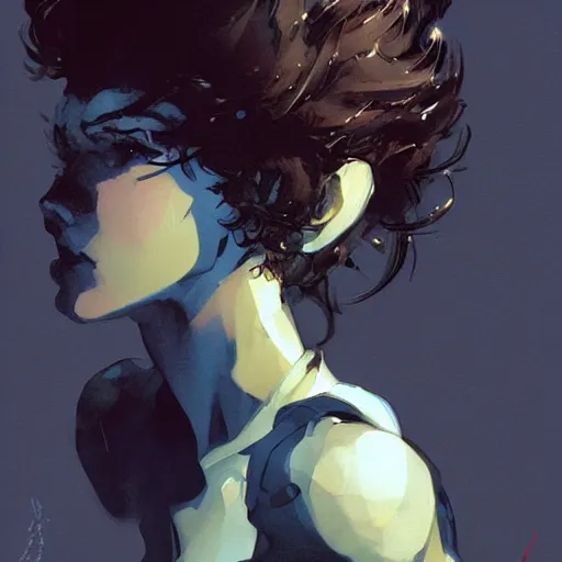 Prompt: a beautiful girl with short curly brown hair in a ponytail, a pointy chin, a sly smile, dramatic lighting, illustration by Greg rutkowski, yoji shinkawa, 4k, digital art, concept art, trending on artstation