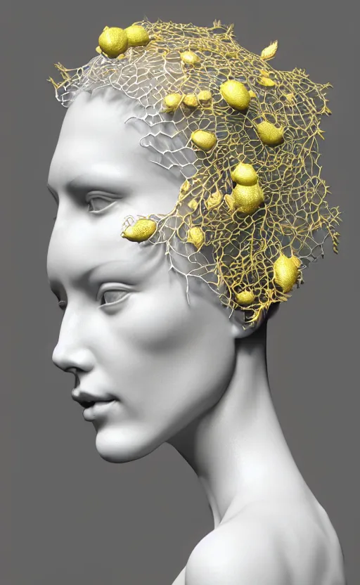 Prompt: complex 3d render of a beautiful porcelain profile woman face, hazel eyes, ultra detailed, vegetal dragon cyborg, 150 mm, beautiful natural soft light, rim light, silver gold lemon metallic details, magnolia big leaves and stems, roots, fine lace, maze like, mandelbot fractal, anatomical, facial muscles, cable wires, microchip, elegant, white metallic armour, octane render, black and white, H.R. Giger style