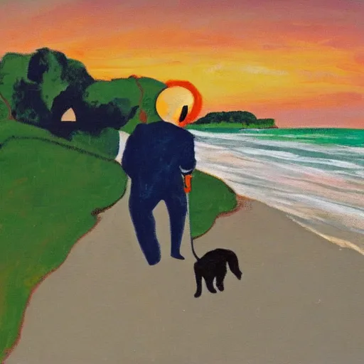 Image similar to fauvist painting of a man walking with a metal detector and a dog on a danish beach at sunset,