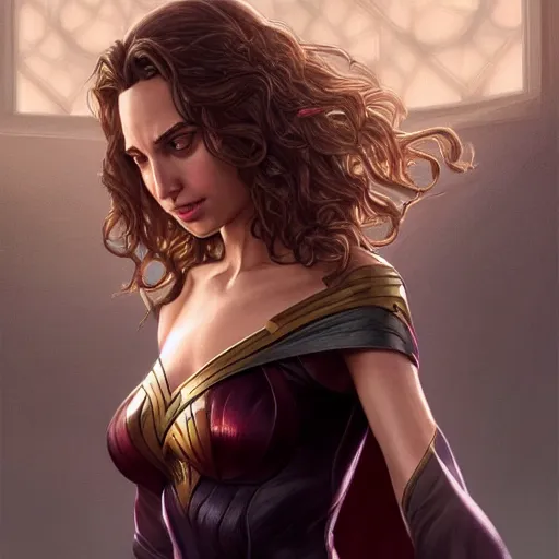 Image similar to ultra realistic illustration, gal gadot as hermione granger anime, intricate, elegant, highly detailed, digital painting, artstation, concept art, smooth, sharp focus, illustration, art by artgerm and greg rutkowski and alphonse mucha and wlop