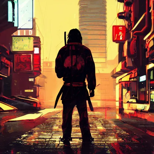 Prompt: illustration of a worn out samurai with katana in his hands that got time travelled to a futuristic colonized Martian city, rainy day, neon glow concept art, sharp focus, cyberpunk 2077, scifi, octane render, art by Ilya Kuvshinov, wallpaper, highly detailed, anime key visual, warm colors, epic landscape, HD digital art, artstation