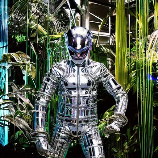 Prompt: conde nast traveler photo, inside a futuristic detailed alien jungle made out of shiny reflective chrome, futuristic android with limbs made out of stretchy rubber tubing mixed with shiny colorful giant intricate detailed chrome gauntlets and chest piece and luchador mask, fog and mist