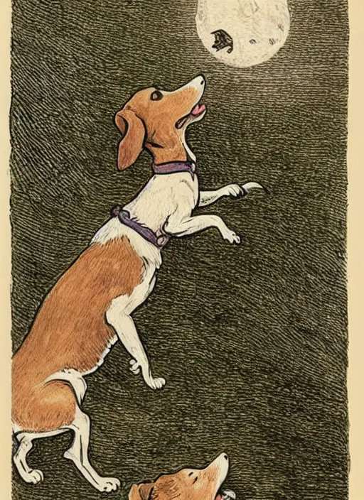 Prompt: jack russel dog howling at the moon, illustrated by peggy fortnum and beatrix potter and sir john tenniel