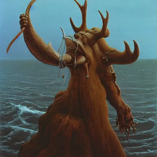 Image similar to anthropomorphic moose pirate humanoid by zdzisław beksinski, pirate ship, sea, fantasy