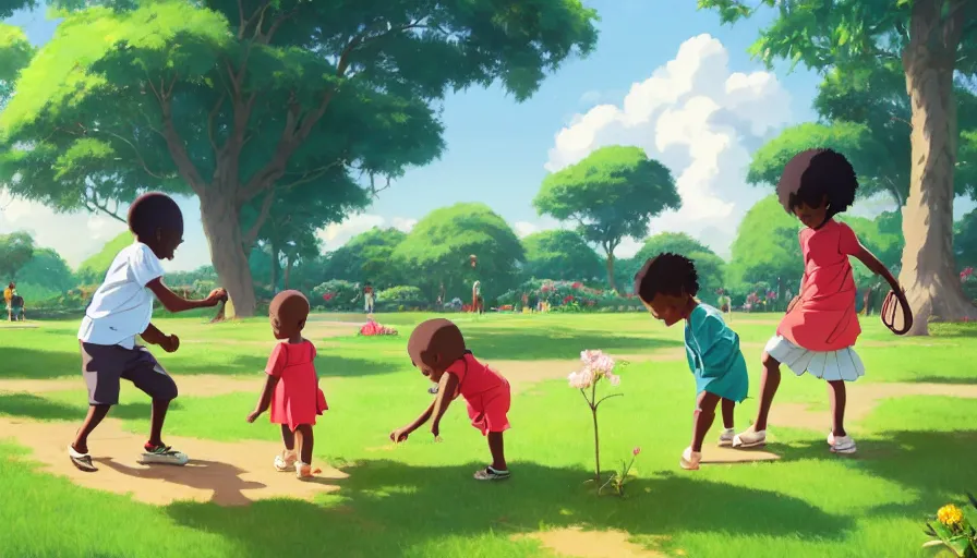 Image similar to african toddlers and white toddlers playing together city park with flowers, artstation, elegant, highly detailed, digital painting, concept art, smooth, sharp focus, illustration, art by studio ghibli, fujita goro, atey ghailan, tom whalen, jean giraud 8 k