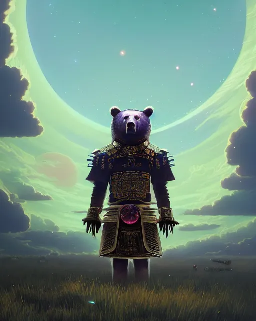 Image similar to highly detailed surreal vfx portrait of a metallic chromatic samurai bear in front of planets filled sky, stephen bliss, unreal engine, greg rutkowski, loish, rhads, beeple, makoto shinkai and lois van baarle, ilya kuvshinov, rossdraws, tom bagshaw, alphonse mucha, global illumination, detailed and intricate environment