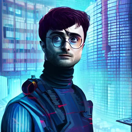 Image similar to cyberpunk daniel radcliffe as the leader of a futuristic communist nation, cybernetics, sharp lines, digital, artstation, colored in