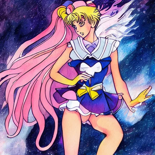 Prompt: Sailor moon painted in pencils and wash, artstation