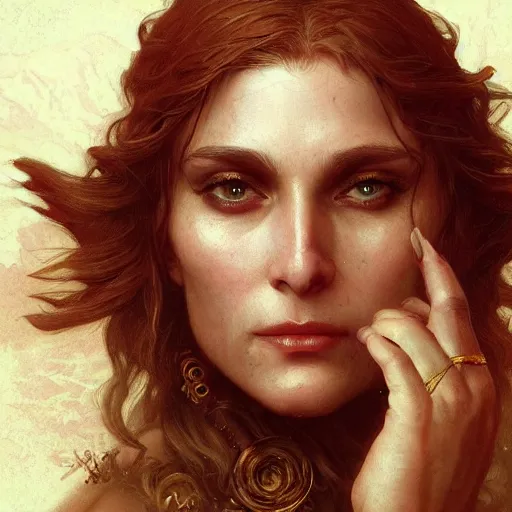 Image similar to Emmanuelle Seigner, D&D, fantasy, intricate, cinematic lighting, highly detailed, beautiful, digital painting, artstation, masterpiece, concept art, smooth, sharp focus, illustration, art by Artgerm Greg Rutkowski and william-Adolphe Bouguereau