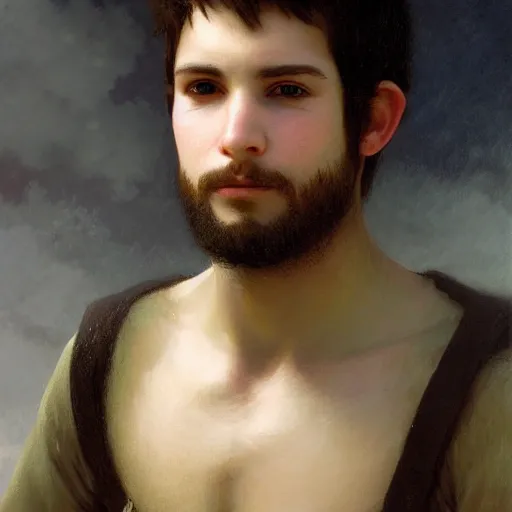 Prompt: detailed portrait painting of a male elf by William-Adolphe Bouguereau, Thomas Kinkade and Ted Nasmith, deviantart, RPG portrait, fantasy portrait