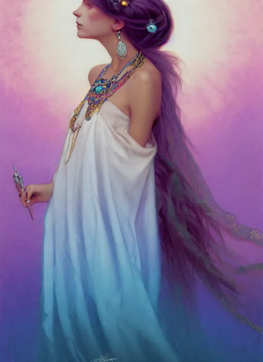 Prompt: ombre velvet gown, cyan, feathers, lovely bohemian princess, portrait, long hair, tiara, dozens of jeweled necklaces, feral languid woman, by greg rutkowski, brom, anato finnstark, alphonse mucha