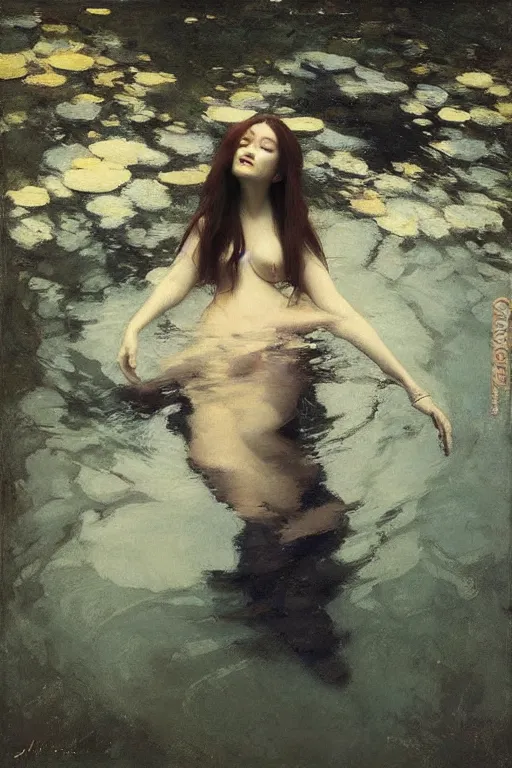 Prompt: “ woman in kimono, posing underwater before birch trees, jeremy lipking, joseph todorovitch ”