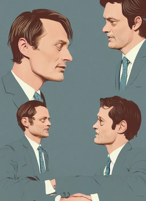 Image similar to Twin Peaks portrait of Mads Mikkelsen and Hugh Dancy holding hands romantically as they chaperone school dance by Michael Whelan, Bob Larkin and Tomer Hanuka, simple illustration, domestic, nostalgic, clean, Matte painting, trending on artstation and unreal engine, New Yorker magazine cover, 1980s romance book cover