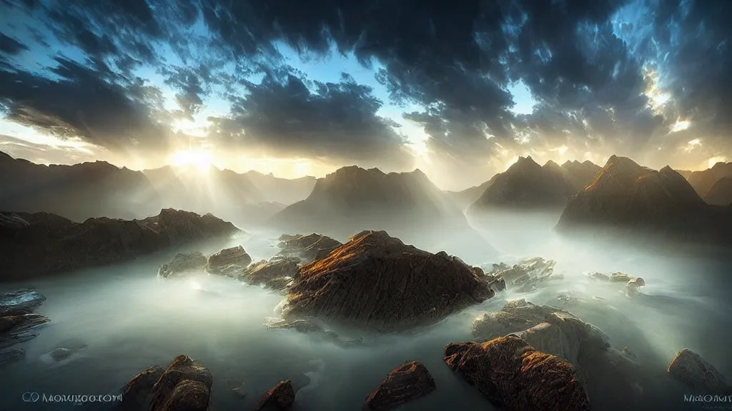 Image similar to amazing landscape photo by marc adamus, beautiful dramatic lighting