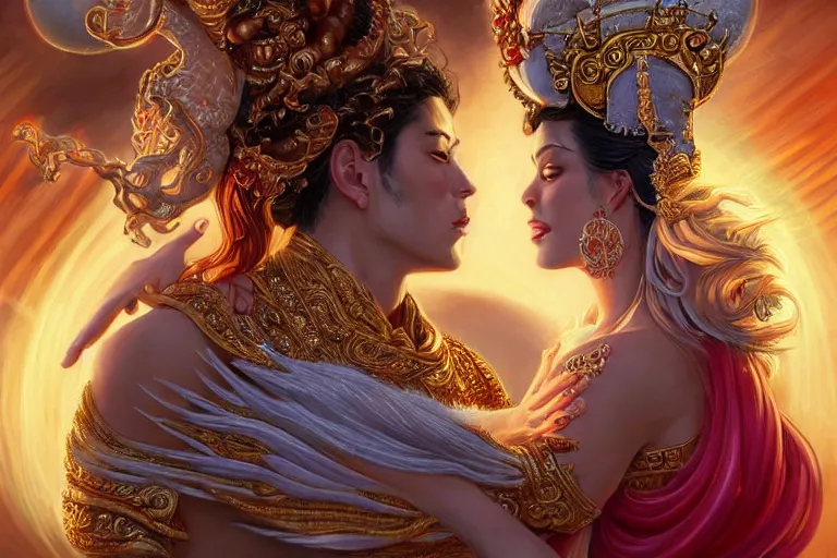 Image similar to close up moment of a divine a sun god and a moon goddess lovers magician at a wedding banquet, highly detailed, d & d, fantasy, highly detailed, digital painting, trending on artstation, concept art, sharp focus, asian feature, illustration, art by artgerm and daniel gerhartz and magali villeneuve