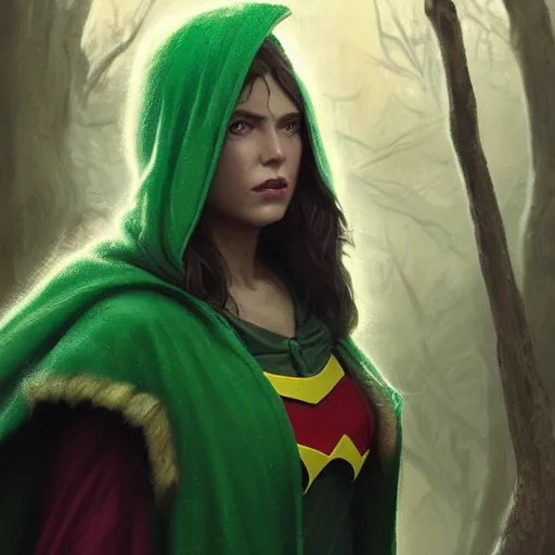 Prompt: an portrait of an hunter woman with a green cape and hoodie on, Matte painting , detailed painting, greg rutkowski