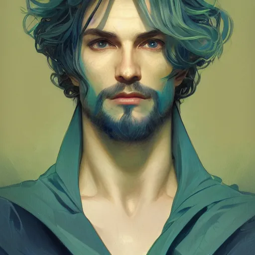 Image similar to Portrait of adult boy, blue hair flowing, green eyes, intricate, elegant, highly detailed, digital painting, artstation, concept art, smooth, sharp focus, illustration, art by artgerm and greg rutkowski and alphonse mucha