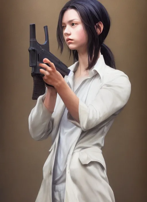 Image similar to upper body portrait of a young girl from final fantasy live action, with short black hair and green eyes in a tan trenchcoat over a white shirt, holding a gun, award winning, masterpiece digital painting by greg rutkowski, alex grey, artstation, 4 k wallpaper,