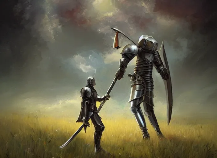 Prompt: a slayed knight with a sword through his back kneels in a cosmic grasslands by mandy jurgens