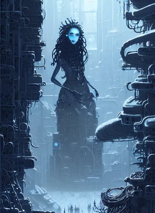 Image similar to highly detailed portrait of a frostpunk long curly white hair tribal lady, stray wiring by atey ghailan, james gilleard, by joe fenton, by greg rutkowski, by greg tocchini, by kaethe butcher, 4 k resolution, gradient blue, black and white color scheme!!! ( ( glaciated robotic dystopian city background ) )