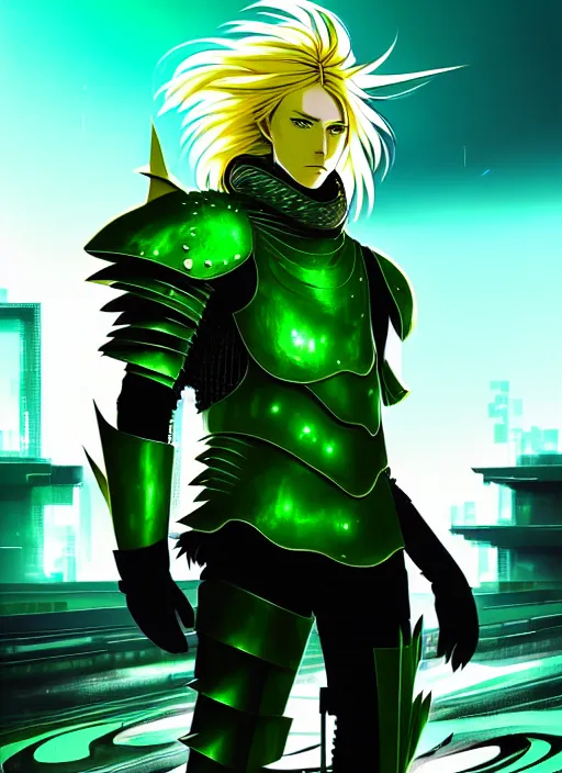 Image similar to a striking cinematic full body manga portrait of a male warrior with long blonde hair and blue eyes wearing evil green spiked cyberpunk armour and standing in the desolate burning ruins of a futuristic city by hirohiko araki and beeple, fine details, digital art, character concept art, volumetric lighting, cinematic light, photorealistic