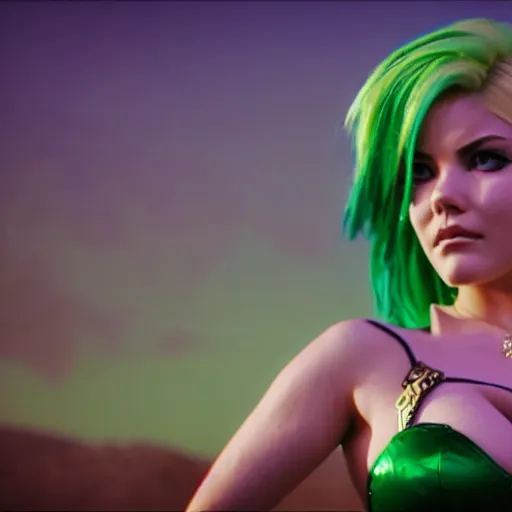 Image similar to cinematic scene with elisha cuthbert as jolyne from jojo's bizarre adventure, live action film, stone ocean, dramatic, small details, volumetric lighting, still frame