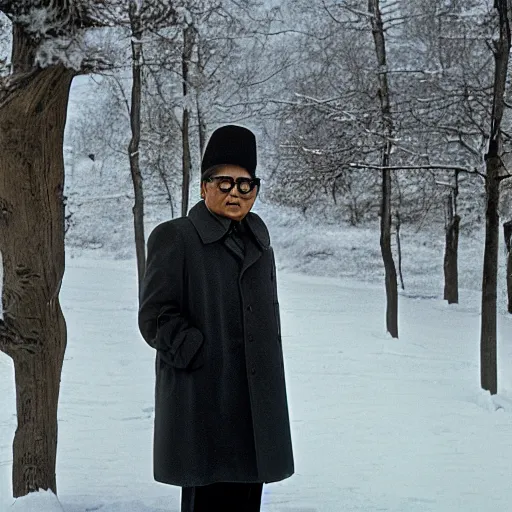 Image similar to filmstill of Kim Jong-il wearing a furry chapka and playing the role of Omar Sharif in Doctor Zhivago by David Lean, man in grey winter coat, cold Russian winter, snow and trees, Prussian architecture, old Russian interior, Doctor Zhivago movie shot, minimal composition, 1965, cinemascope, Eastman Color Negative 50T 5251 Neg. Film, epic romance