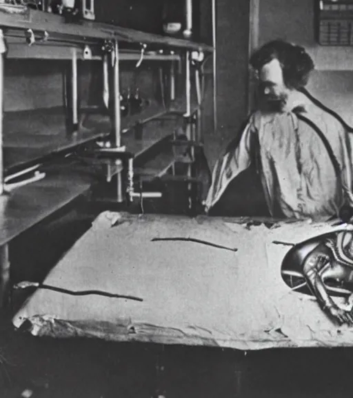 Image similar to Alien lying on an operation table in a lab, photograph from 1890, grainy, high detail, high resolution