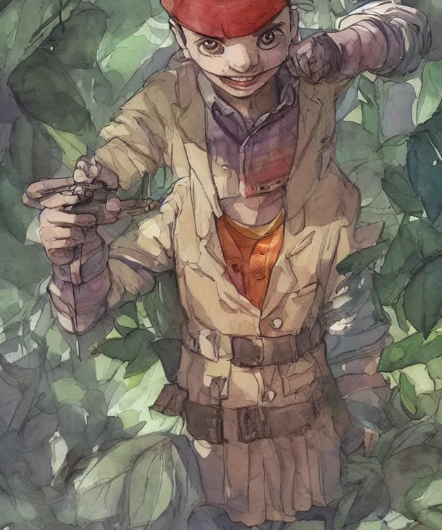 Prompt: color pen and ink and pencil sketch character concept design game asset of sketches watercolor of a boy scientist wearing a jungle explorer costume by Stanley Artgerm Lau, WLOP, Rossdraws, James Jean, Andrei Riabovitchev, Marc Simonetti, and Sakimichan, tranding on artstation , assets, character design, tending on pinterest, trending on cgtalk, trending on concept art, trending on character design