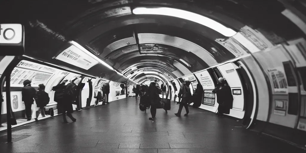 Image similar to photo, london underground, 5 0 mm f / 1. 4, cinestill 8 0 0,