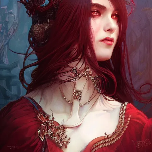 Prompt: Portrait of demon princess, D&D, red eyes, face, dark fantasy, intricate, elegant, highly detailed, digital painting, artstation, concept art, smooth, sharp focus, illustration, art by artgerm and greg rutkowski and alphonse mucha