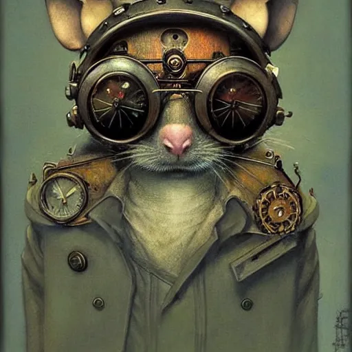 Image similar to A rat with steampunk goggles, by by Esao Andrews and Karol Bak and Zdzislaw Beksinski