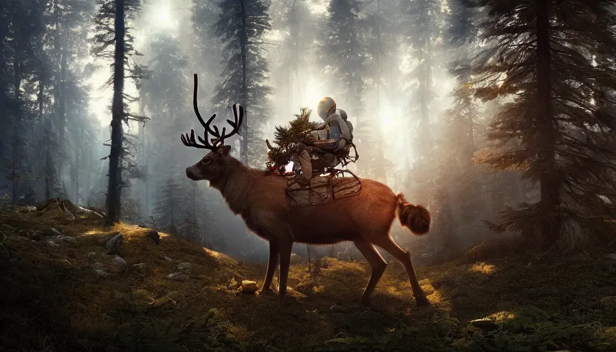 Prompt: american astronaut in the forest riding a reindeer, plants environment, wide angle, cinematic lighting, atmospheric, ultrarealistic, trending on artstation, octane render, highly detailed, color graded, in the style of craig mullins